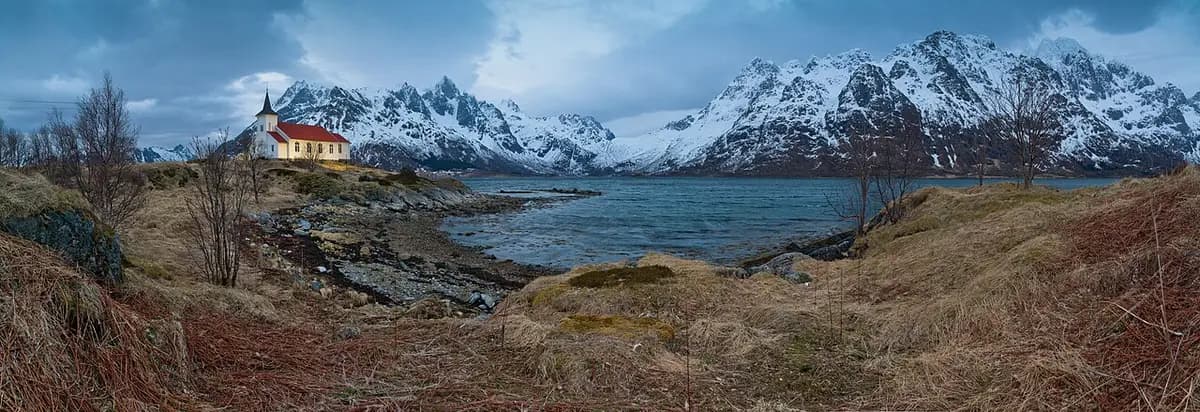 A Late evening view to Austnesfjorden at Sildpollnes Church, Austvågøya, Lofoten, Norway, 2015 April
